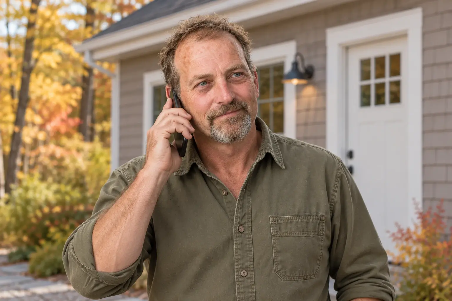 Mark Moody listening on a phone beside a finished gray cottage.