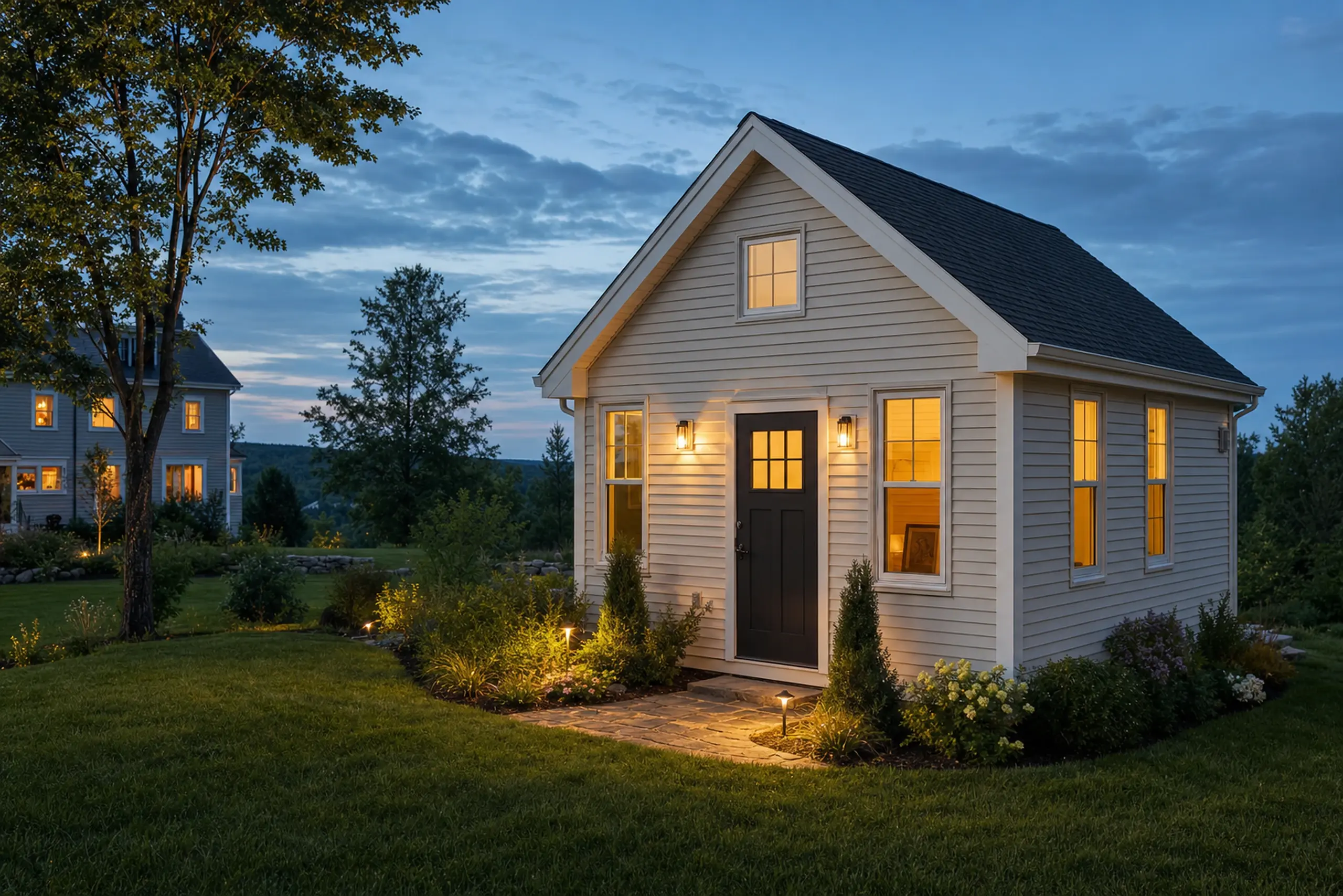 Small beige house with black door and lit windows in a grassy yard at dusk.