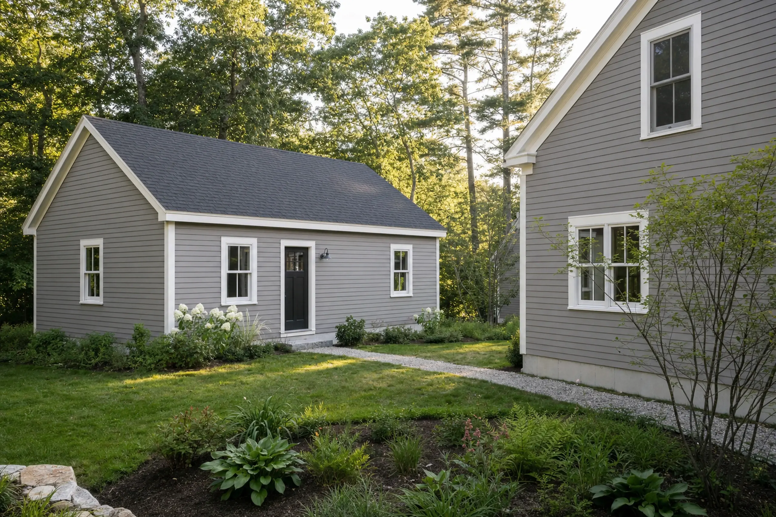 Two gray buildings with white trim in a green garden setting with trees and shrubs.