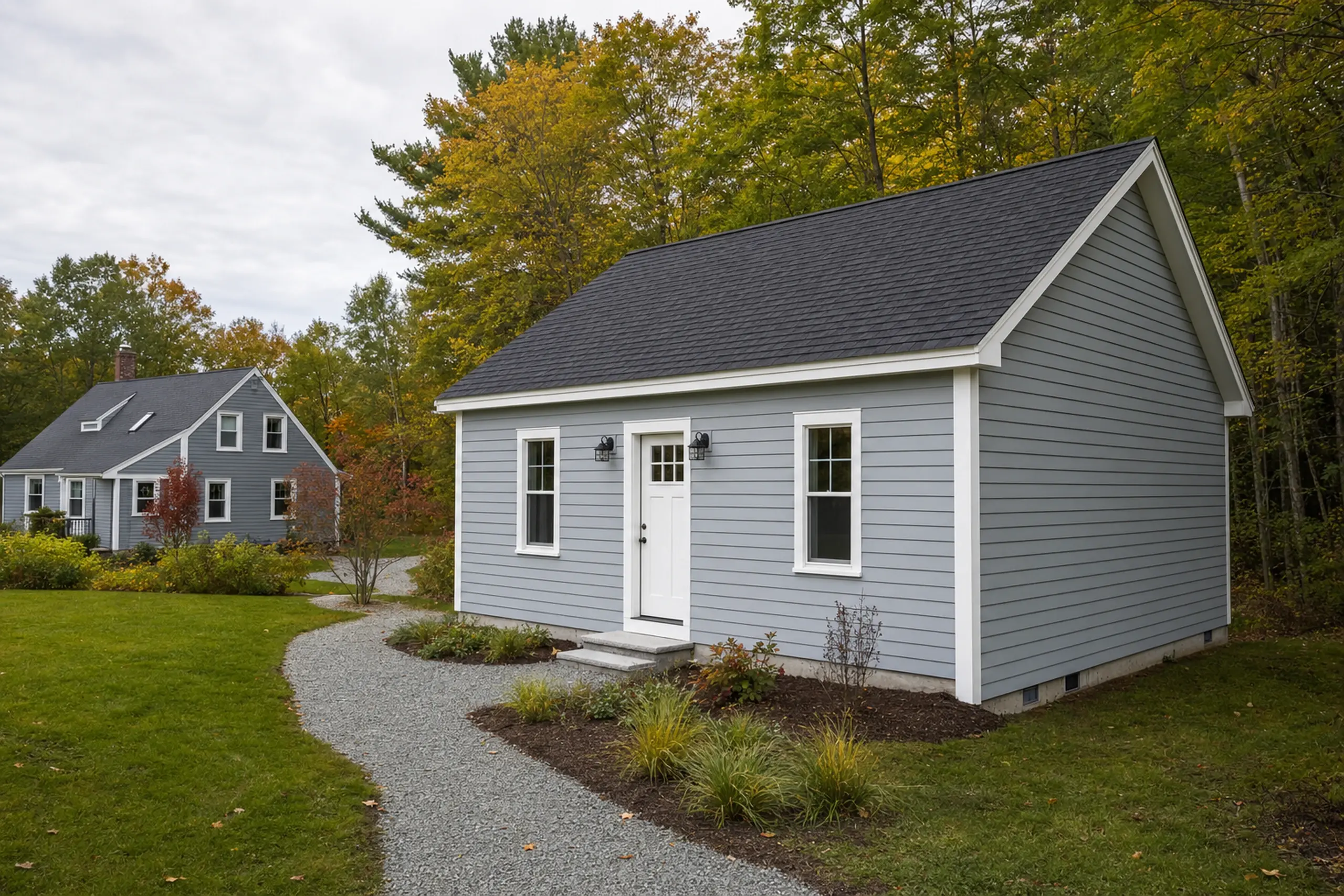 Two gray houses with white trim in a green yard with trees and a gravel path.