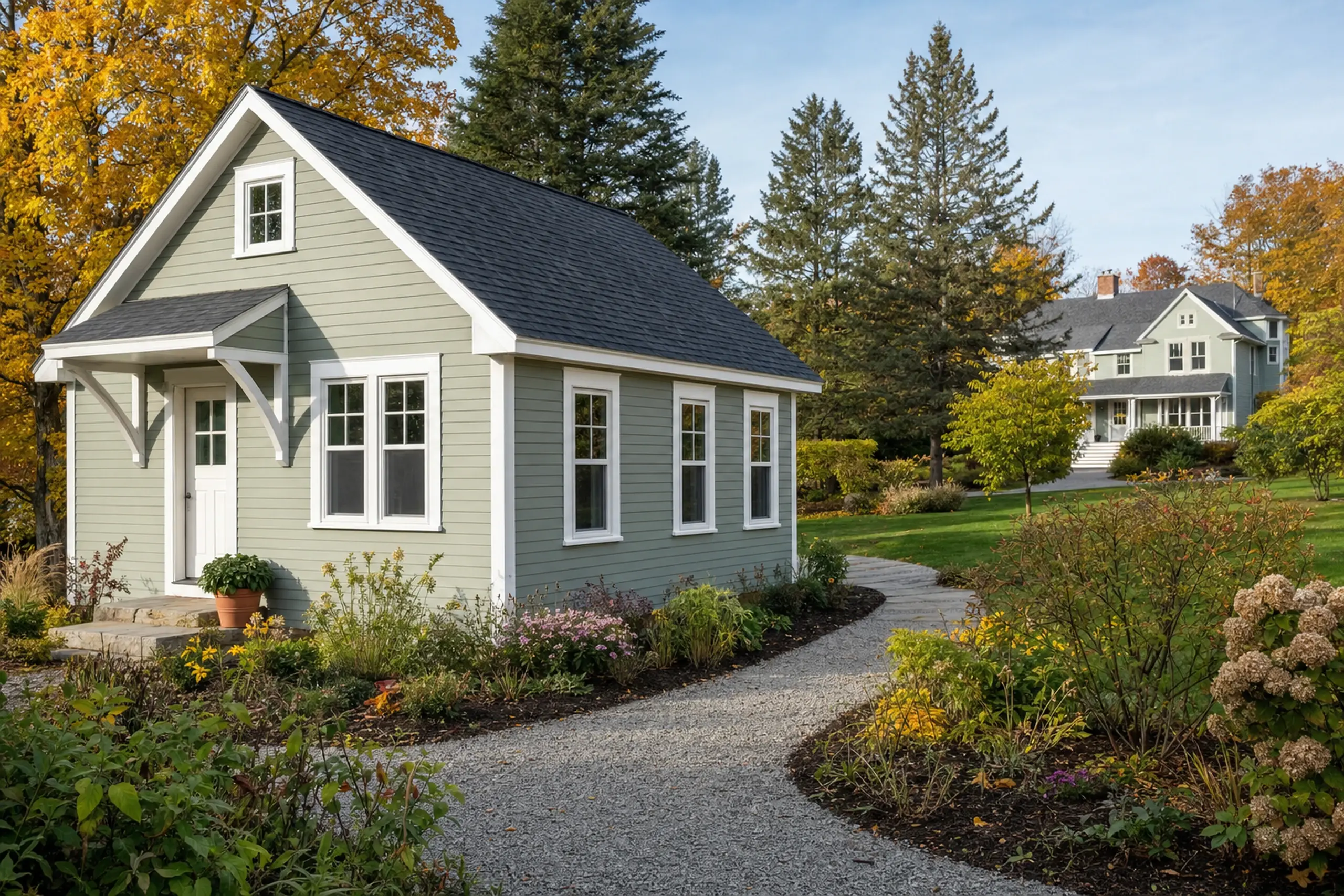 Small green house with white trim and dark roof in a garden setting with a gravel path.