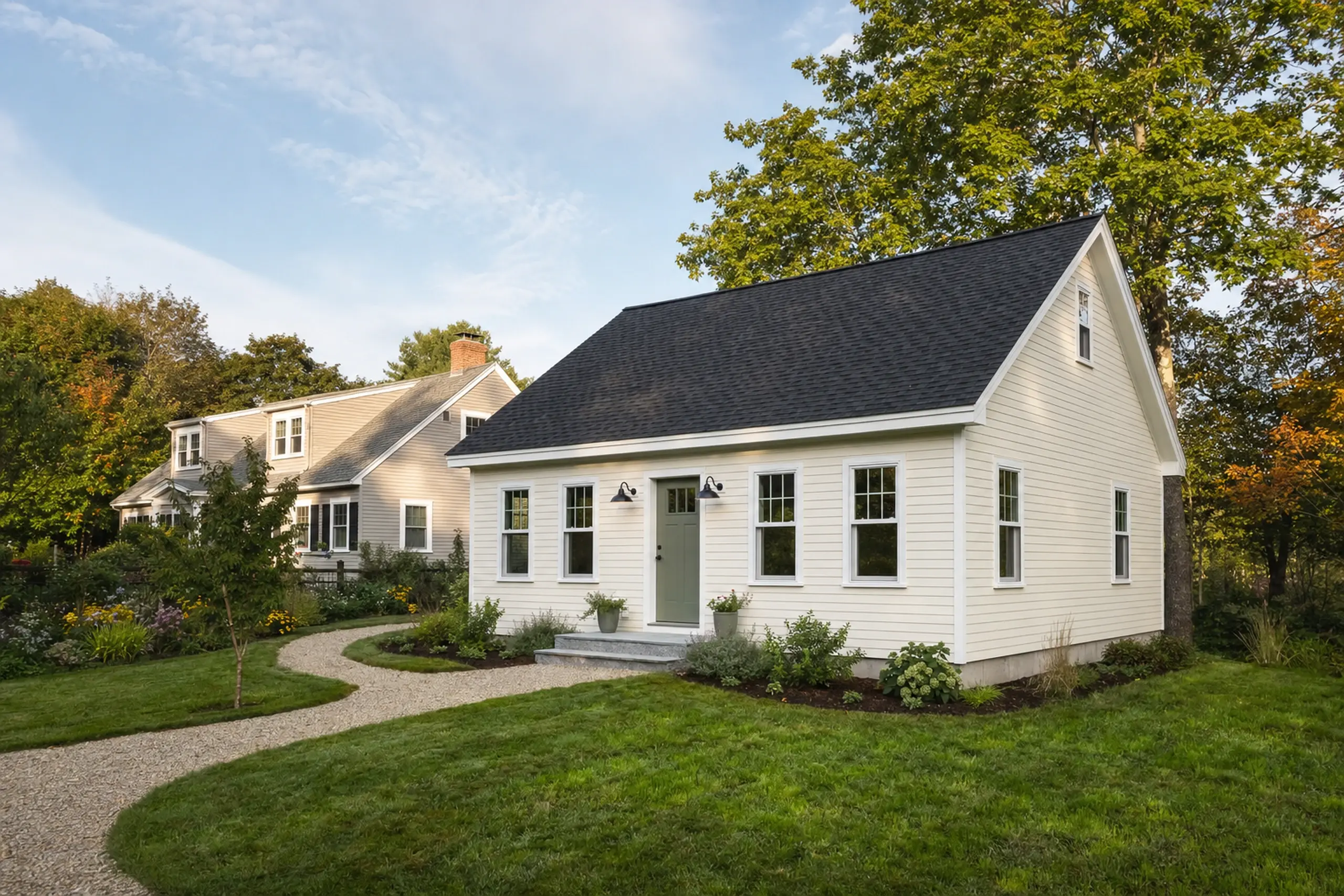 ADU builders in Southern Maine: White house with black roof and green door in a garden setting with trees and grass.