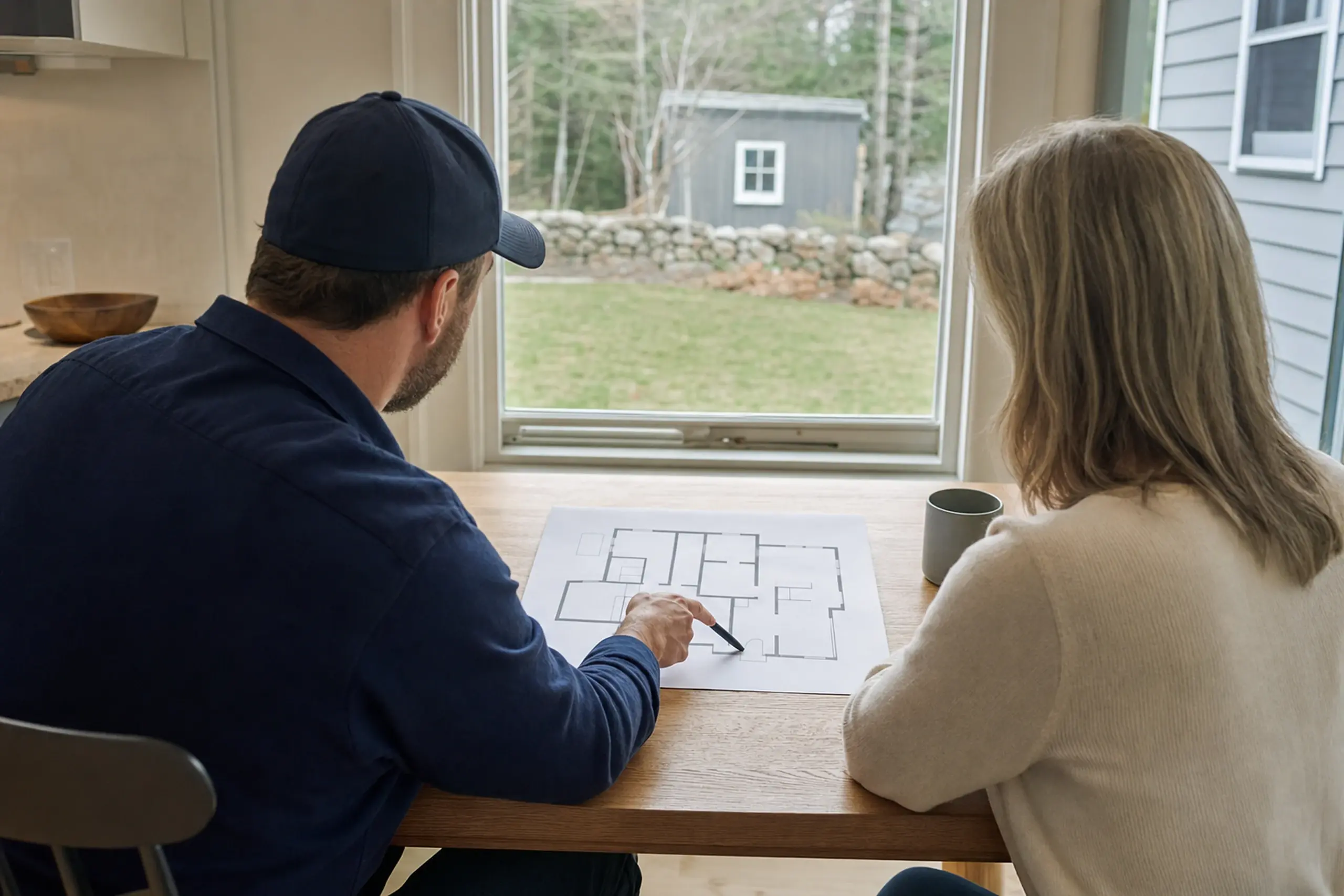 Two people sit at a wooden table inside a house, looking at a floor plan near a window.