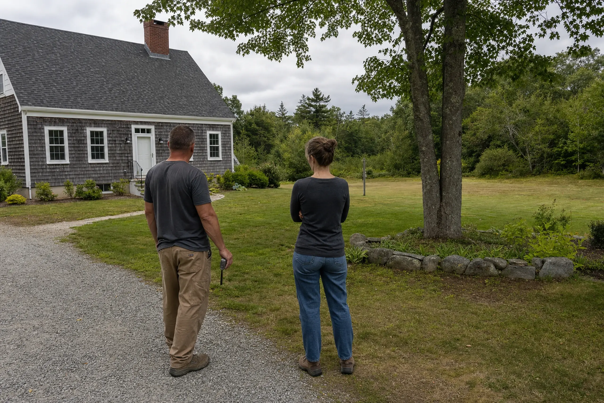 Gray-shingled house with white trim, two people standing on gravel and grass, trees in background.