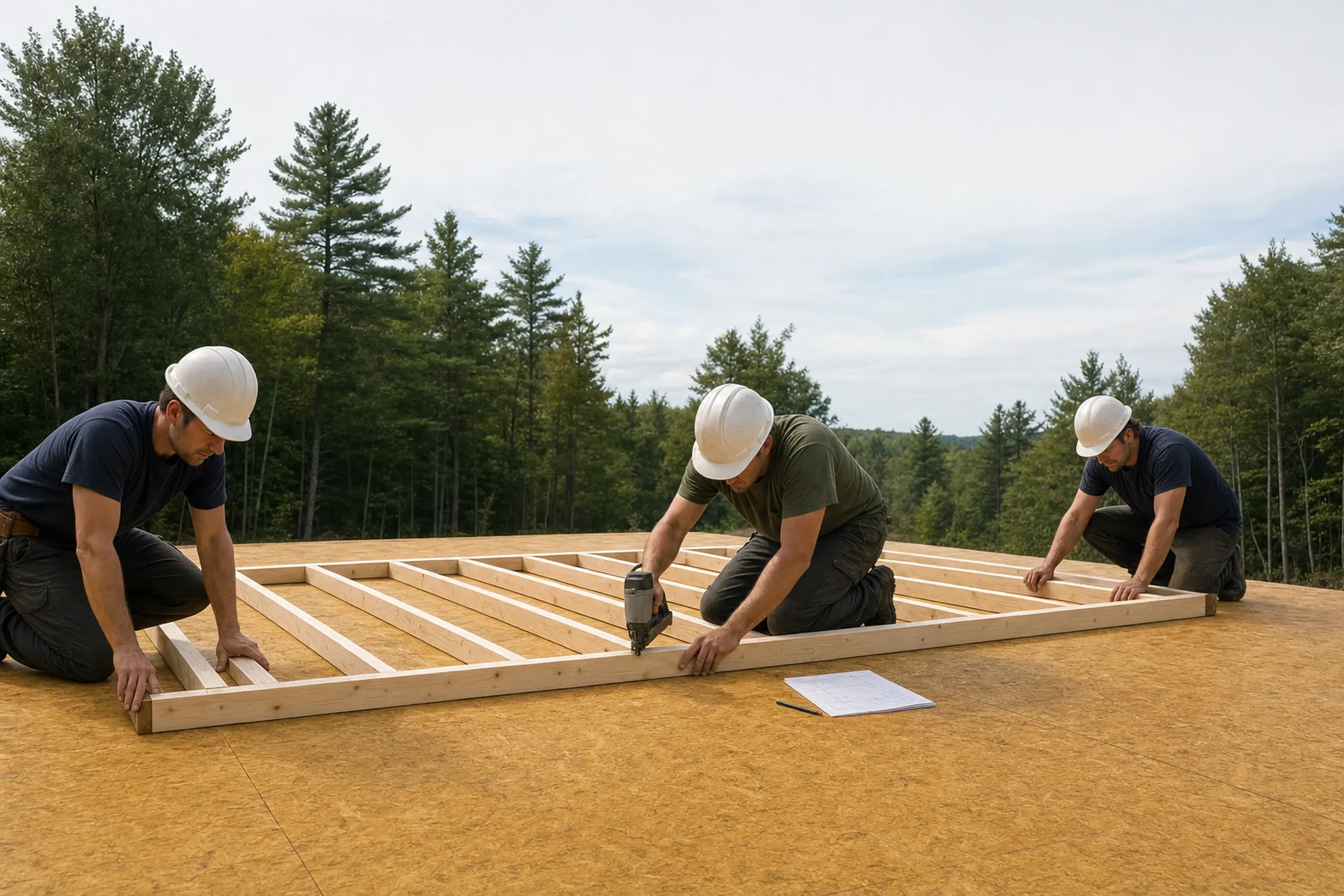 Three men in white helmets assembling a wooden frame on a plywood floor outdoors.