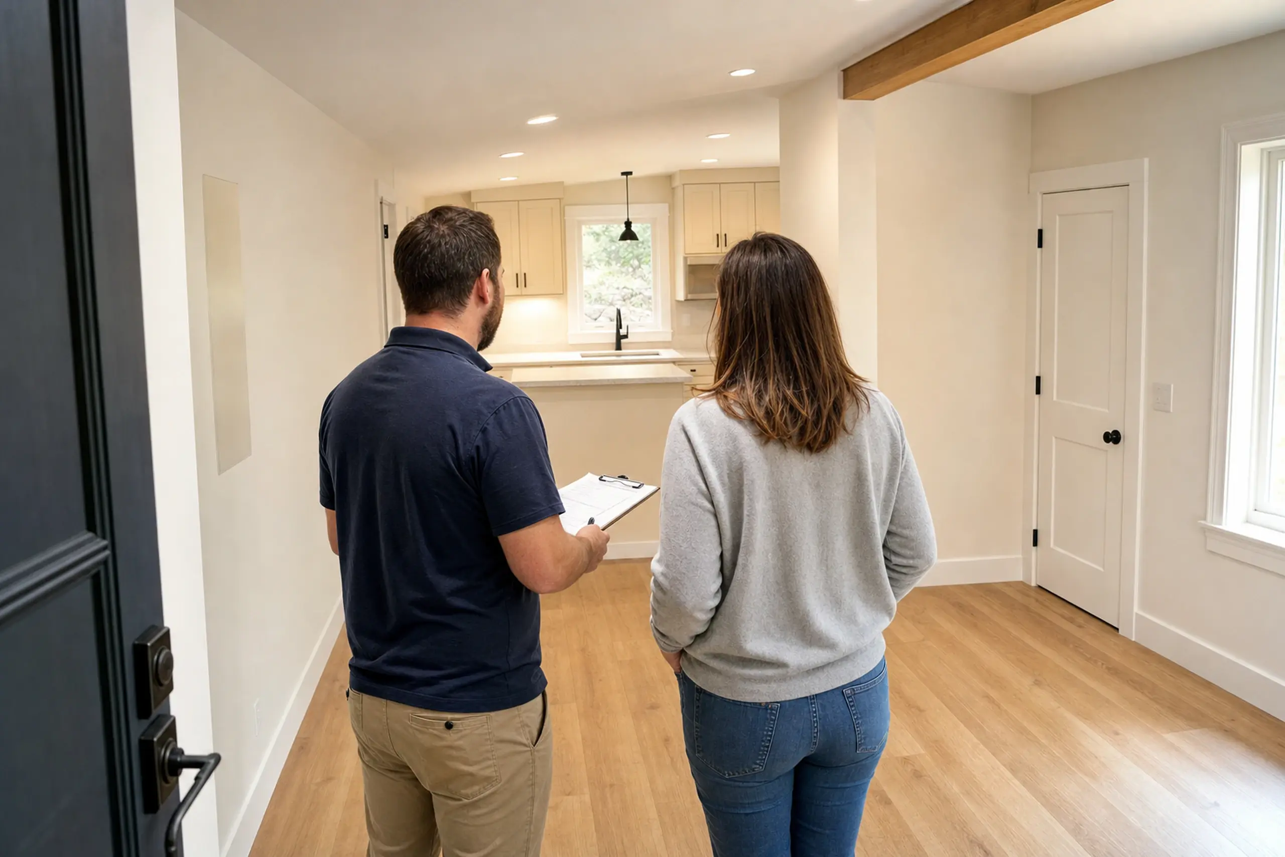 Two people stand in a beige kitchen with wood floors and white walls.