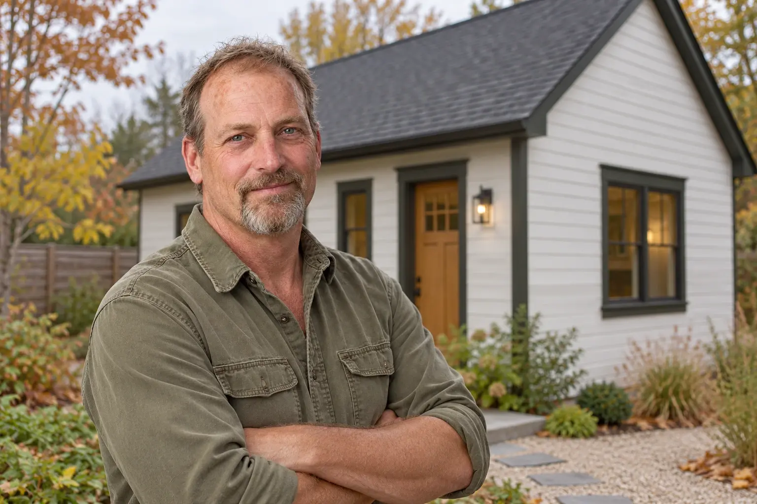 Mark Moody standing beside a white ADU cottage and gravel path.